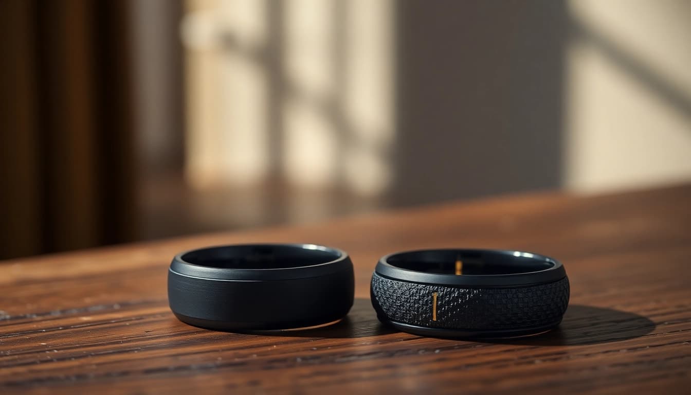 Showcase of exquisite Black Zirconium Rings highlighting their sleek design and unique textures.