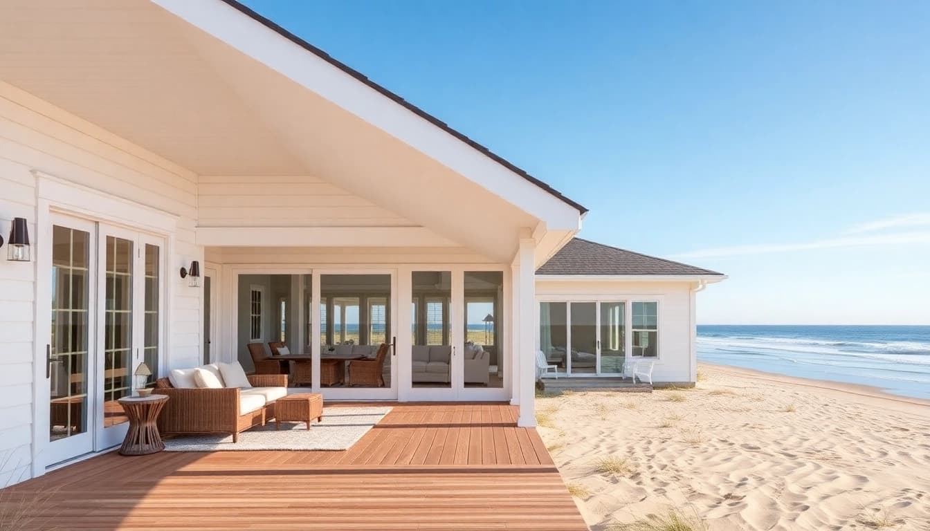 Cape cod home with modern expansion and attached garage, overlooking the beach.