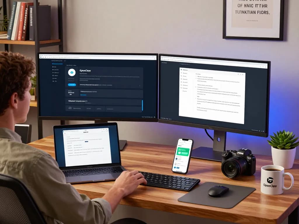 OpenClaw AI assistant setup featuring dual monitors and smartphone notifications in a modern home office.