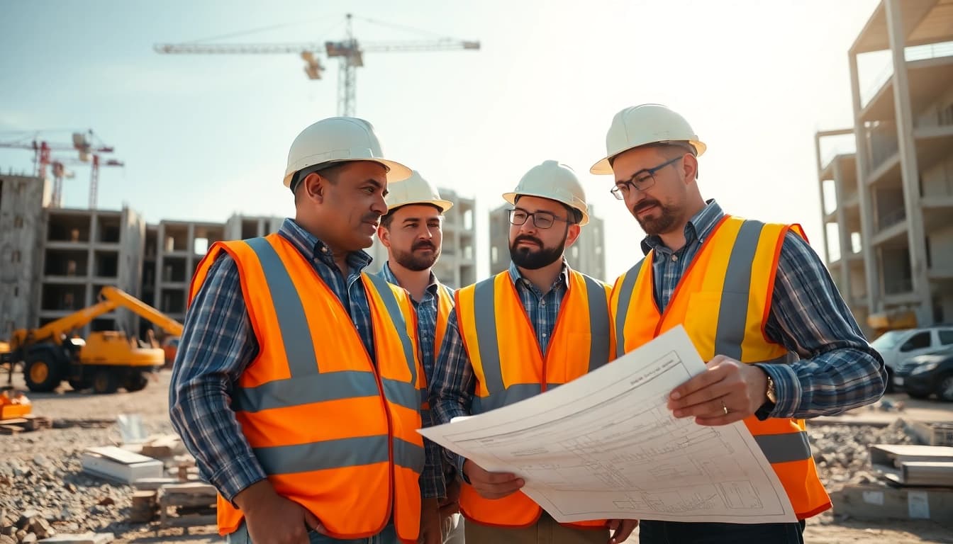 Construction association professionals collaborating on a site, highlighted by machinery and blueprints.