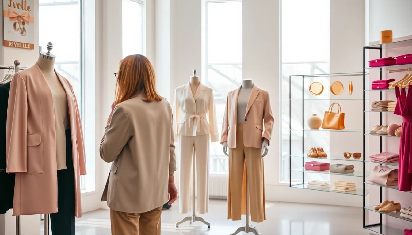 Showcase Rivelle clothing collection in a stylish boutique with natural lighting.