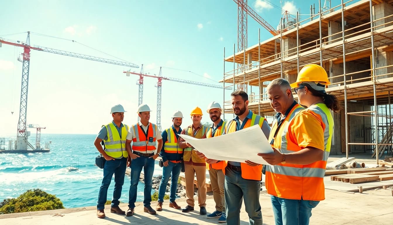 Hawaii construction association teamwork among diverse professionals on-site for a building project.