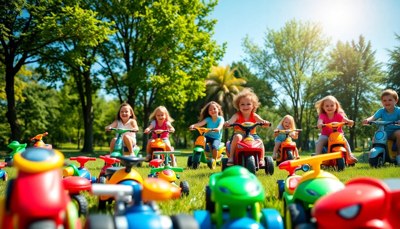 Children enjoying various ride on toys in a sunny park setting.