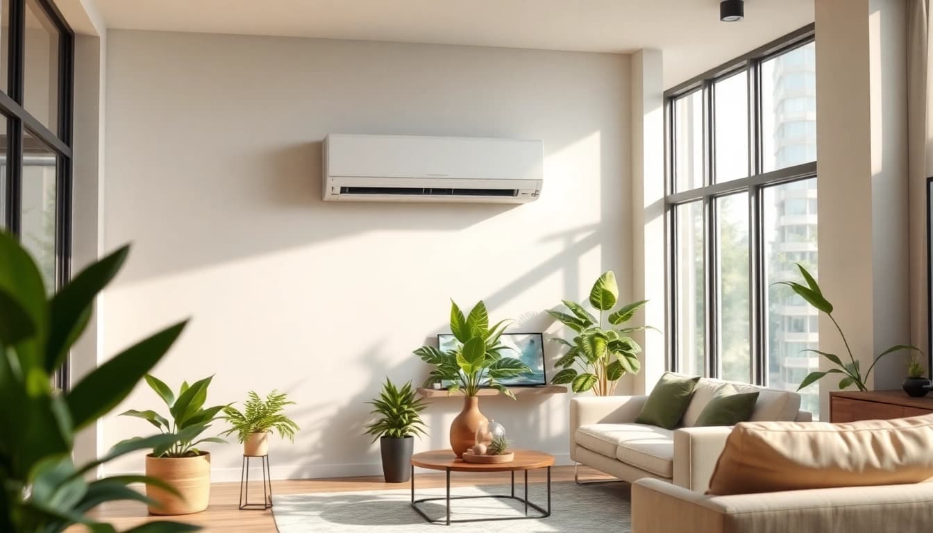 Install a mitsubishi mini split ac unit in a modern living room with sleek design and natural light.