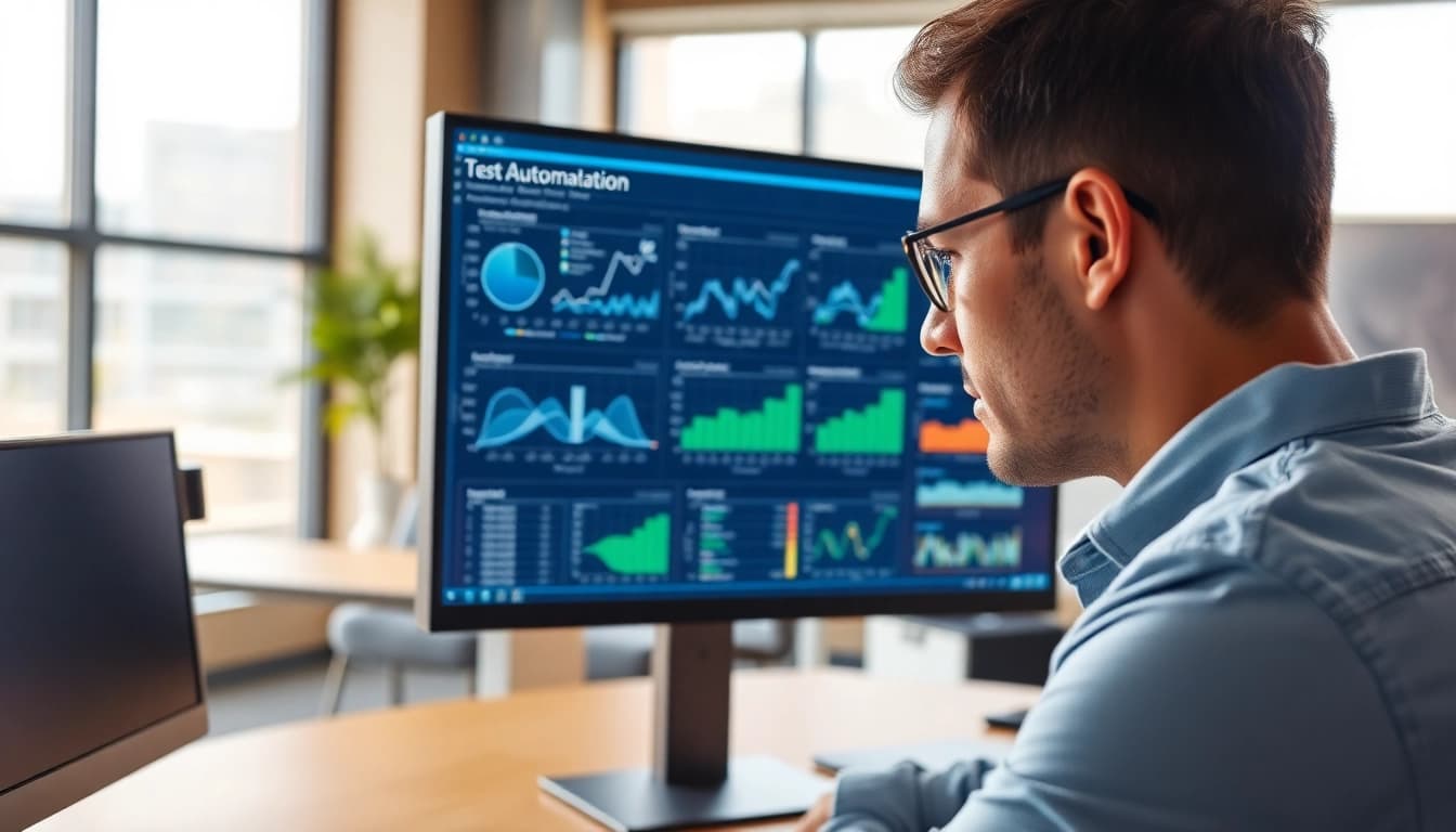 Analyze performance metrics using a test automation tool in a bright office environment.