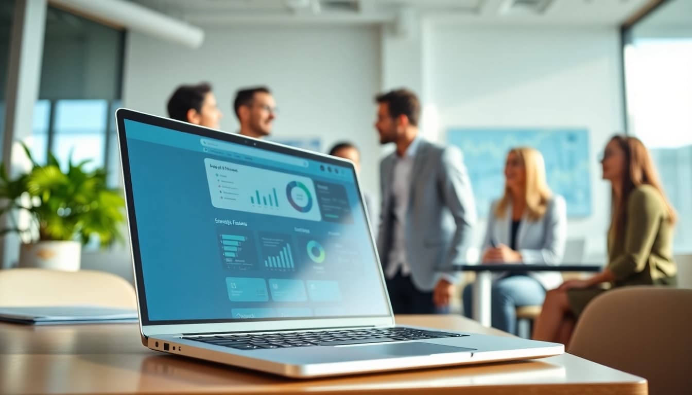 Enhance your management with online club software on a laptop in a modern office setting.