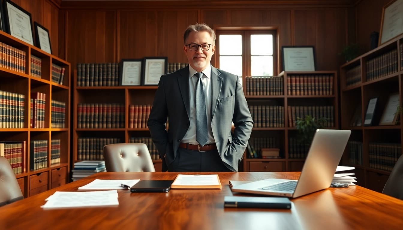 Agriculture lawyer providing legal advice in a professional office setting.