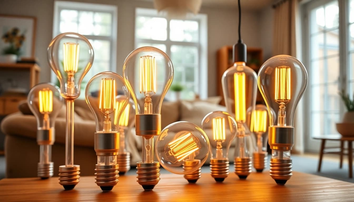 Brightly lit a19 light bulbs illuminating a cozy living room, showcasing warm textures and inviting atmosphere.