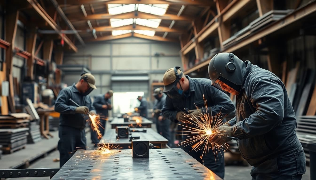Find expert steel fabricators near me working diligently in a modern workshop.