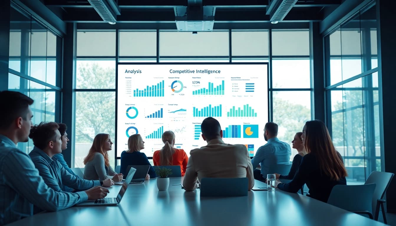 Analyzing competitive intelligence during a strategic business meeting in a bright office environment.