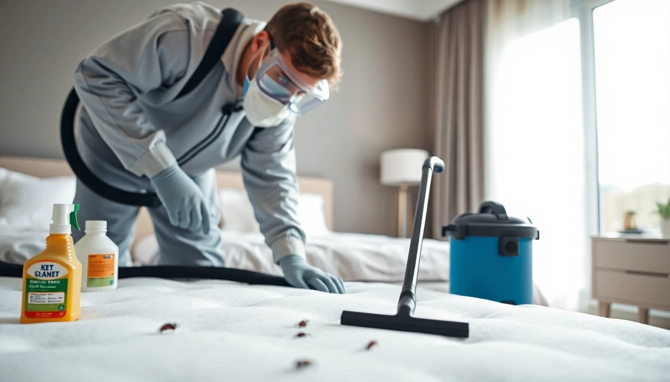Engaging professional performing effective bed bug control in a clean bedroom setting.