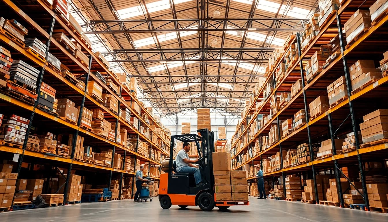Enhance warehousing operations with an organized and efficient warehouse setting showcasing inventory management.