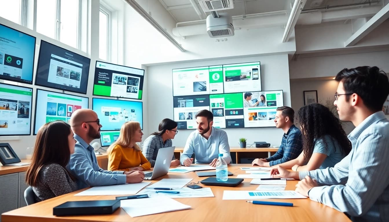 Webdesign Agentur brainstorms creative ideas in a modern workspace with vibrant designs.