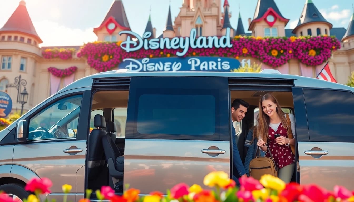 Families enjoying Disneyland Paris airport transfer services with a luxurious van against a cheerful backdrop.