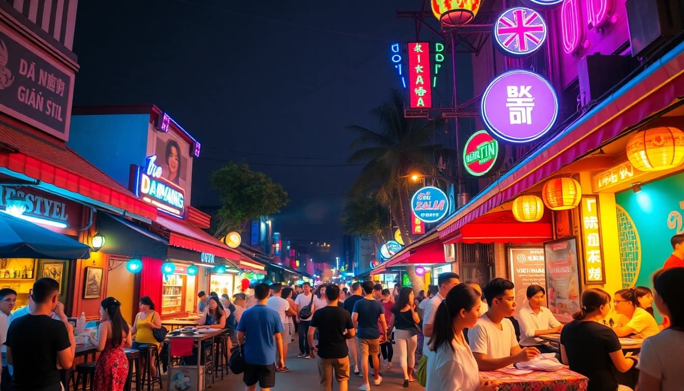 Explore the vibrant 다낭밤문화 with lively nightlife scenes, showcasing colorful bars, neon lights, and cultural elements.