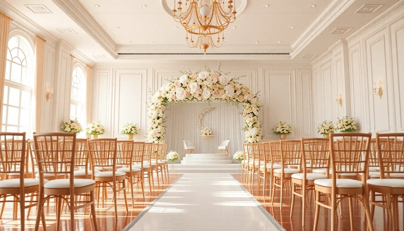 Verzauberte Hochzeitssaal mit blühender Dekoration und traumhaftem Ambiente.