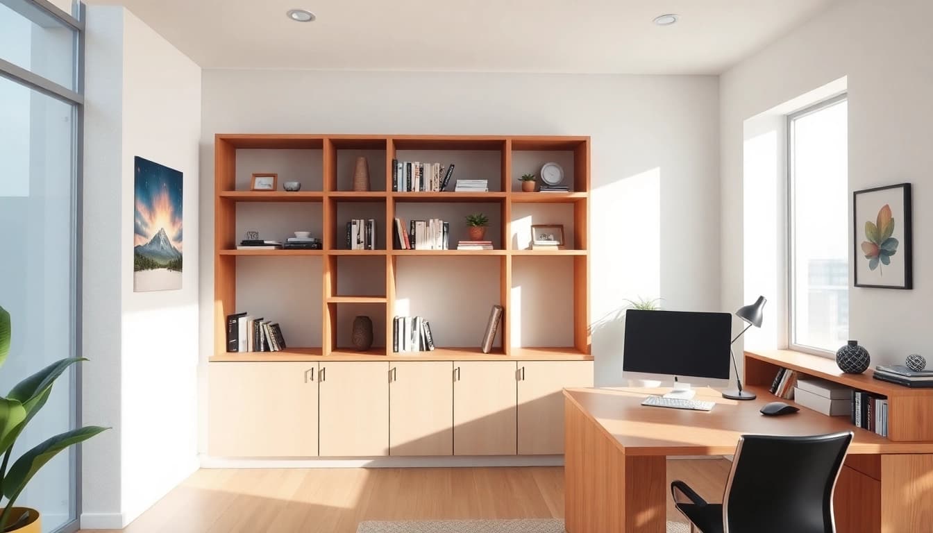 Showcasing built-in shelving contractor westchester craftsmanship in a modern office setting.