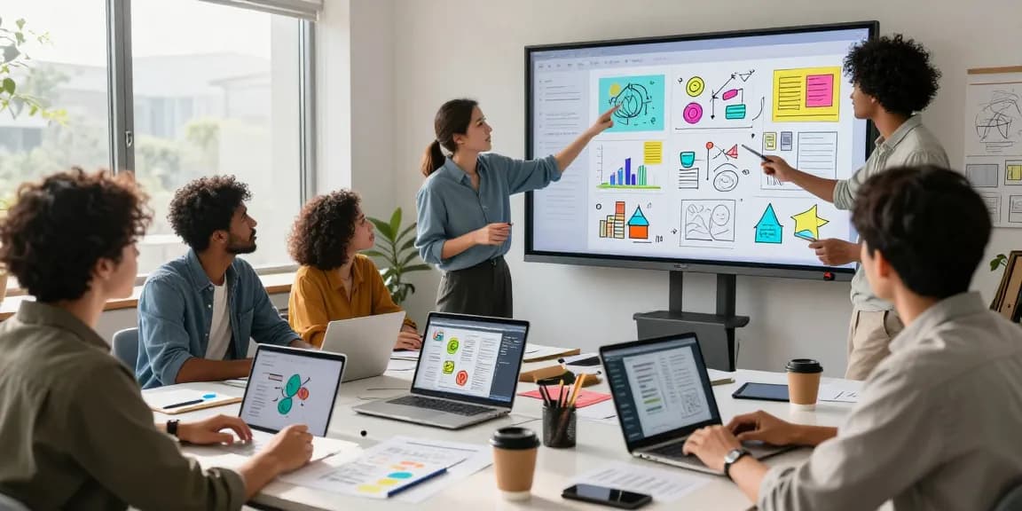 Team collaborating on mixboard ai in a modern digital workspace with diverse professionals sharing ideas.