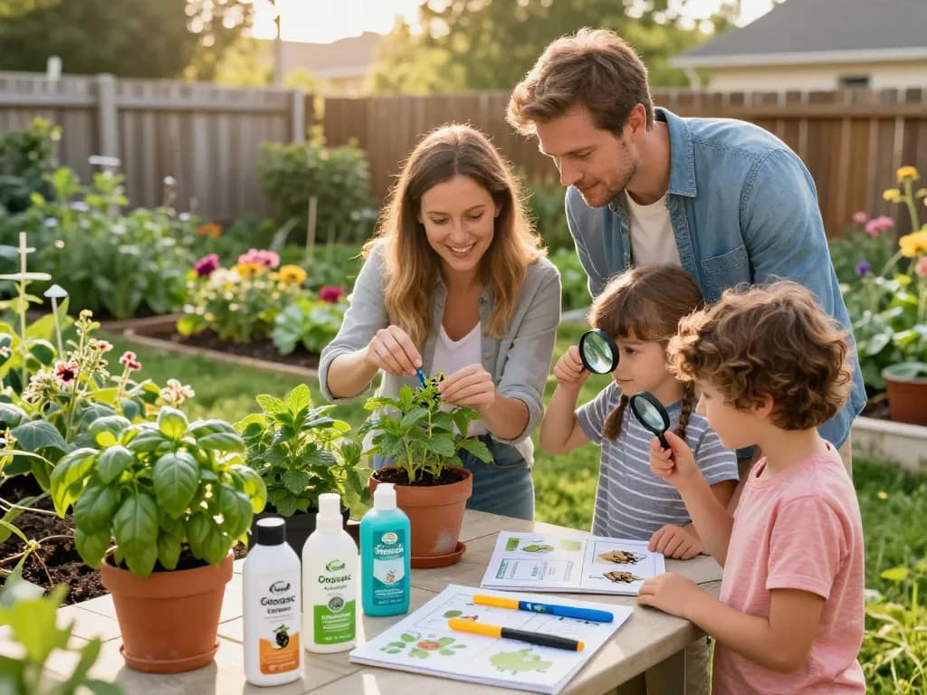 Practical pest control tips being shared by a family in a sunny garden, focusing on organic methods for plant care.
