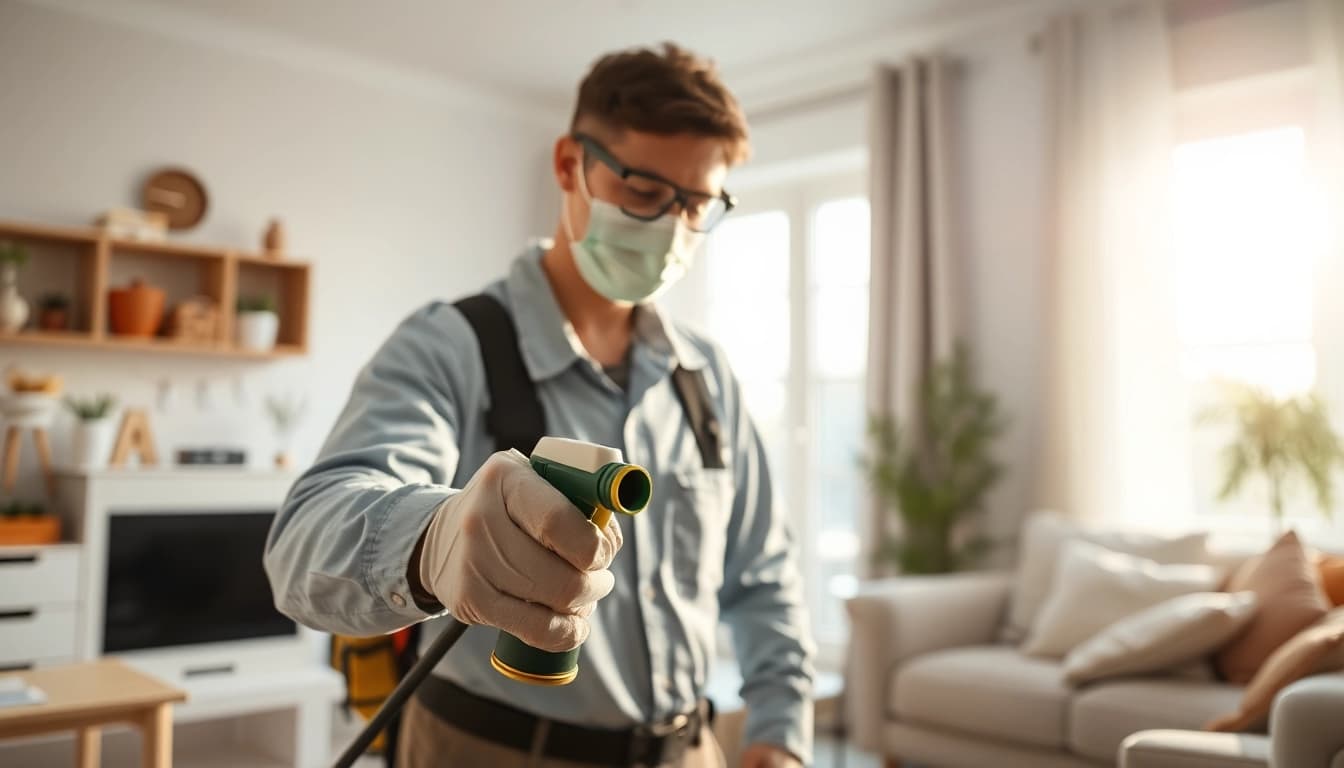 Same day exterminator actively treating a home for pests with professional care.