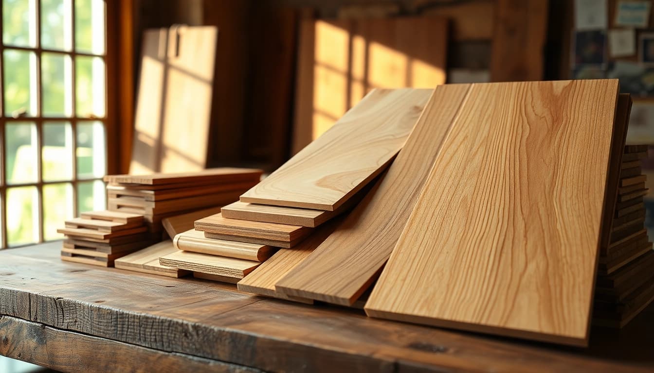 Explore various woodveneerhub samples displayed creatively on a beautiful timber table.