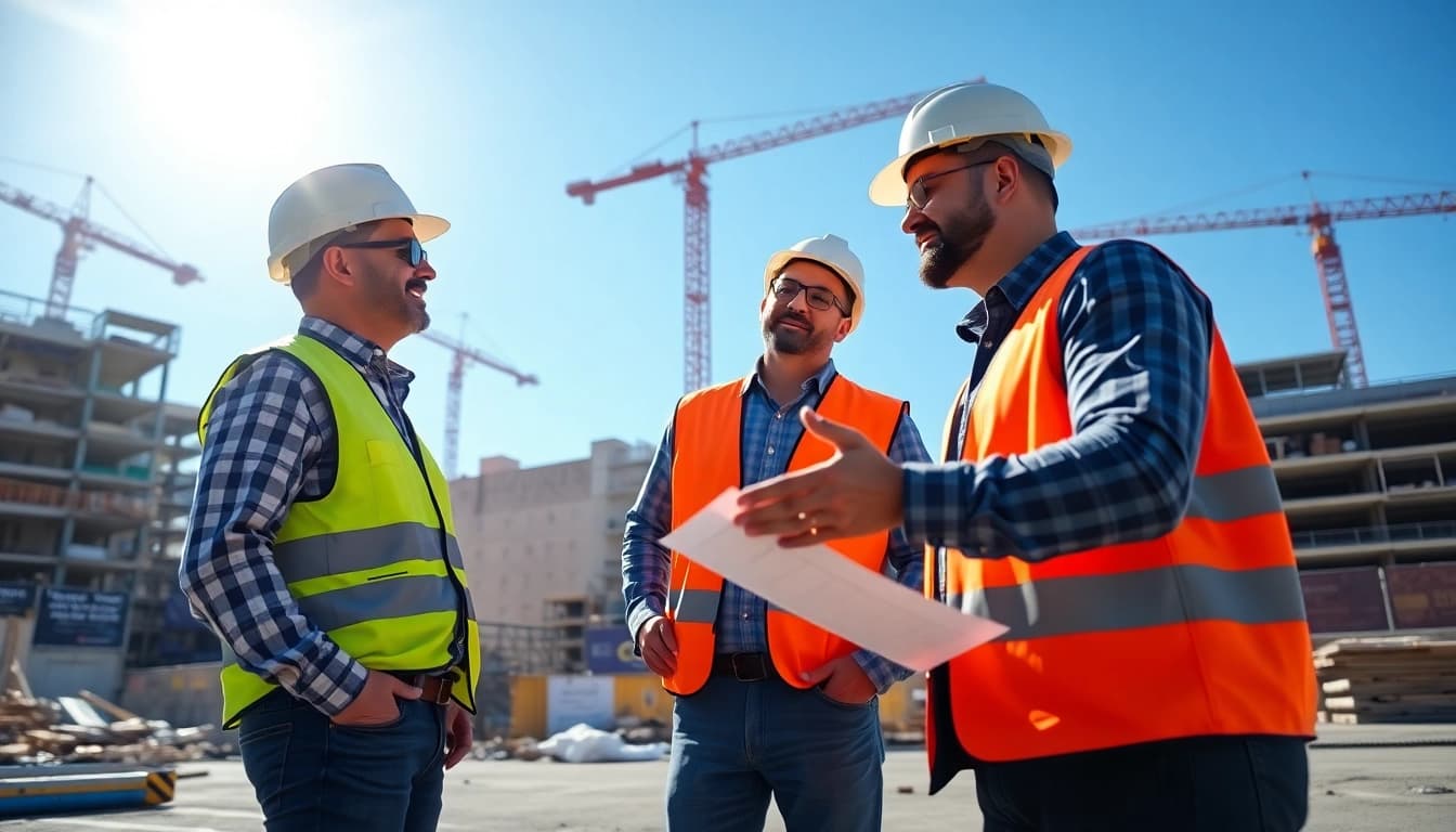 Manhattan General Contractor discussing project plans with clients at a construction site.