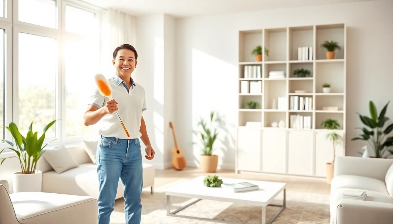 Cleaning services near me: Professional team brightening a home with pristine surfaces and happy faces.