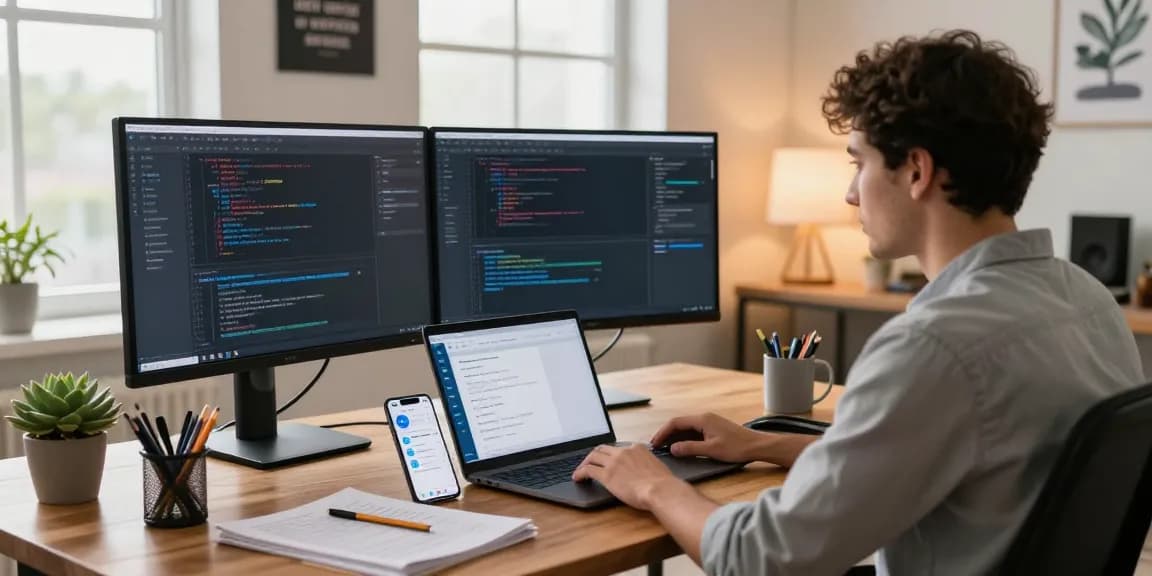 Creative workspace focusing on software development for telegram官网 with coding elements.