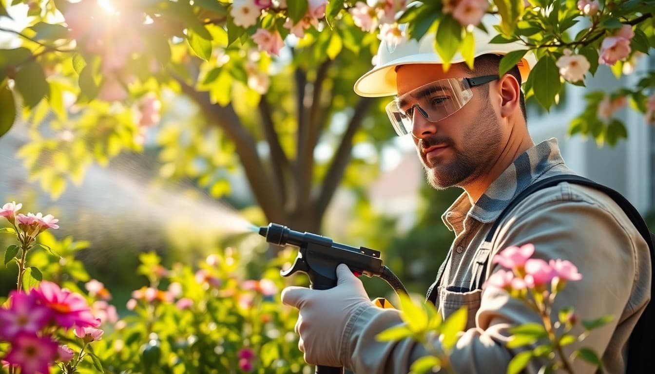 Technician delivering same day insect service in a vibrant garden, illustrating effective pest control.