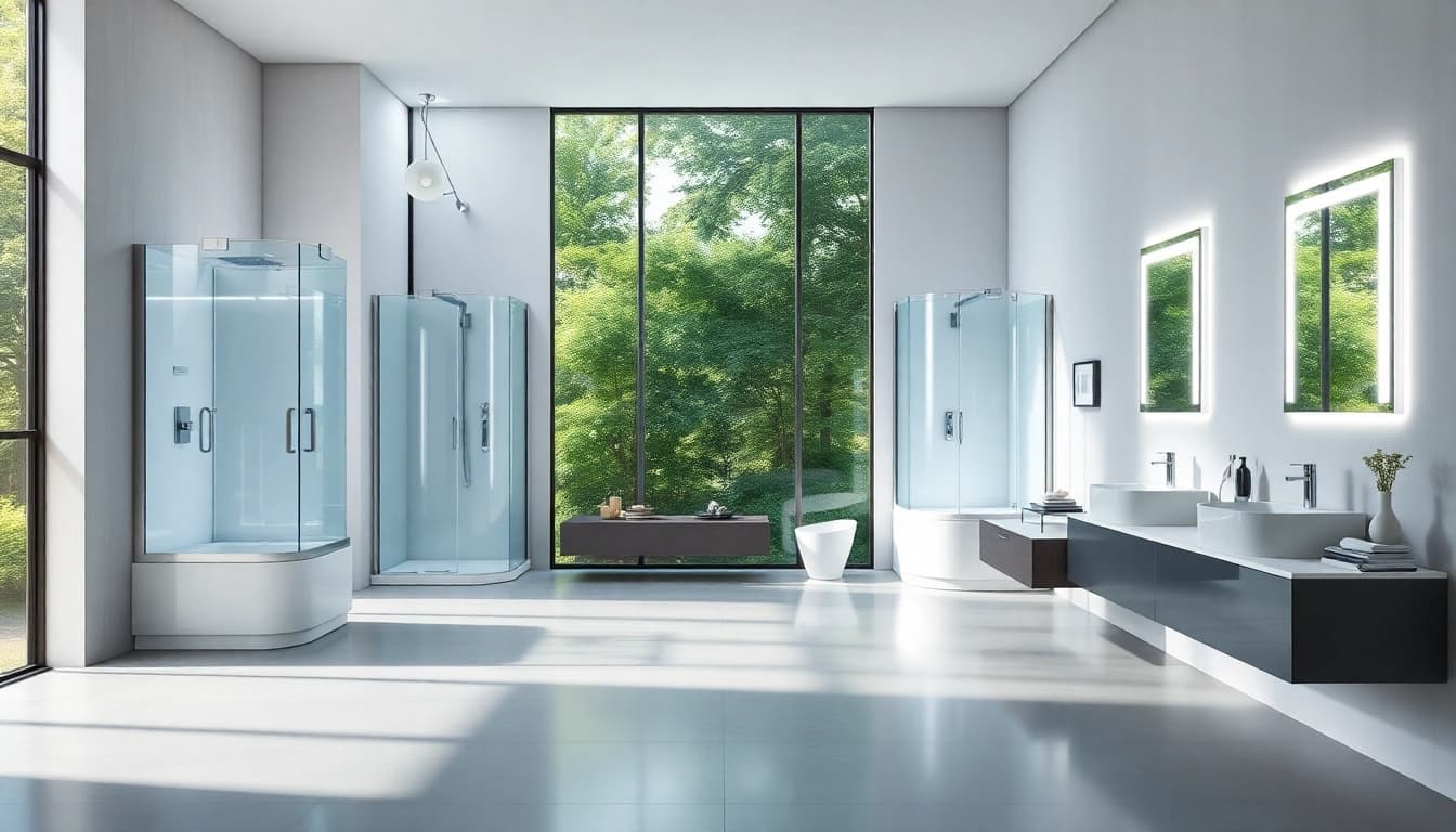 Illustrer les produits sirhona dans une salle de bain moderne avec des cabines et miroirs LED.