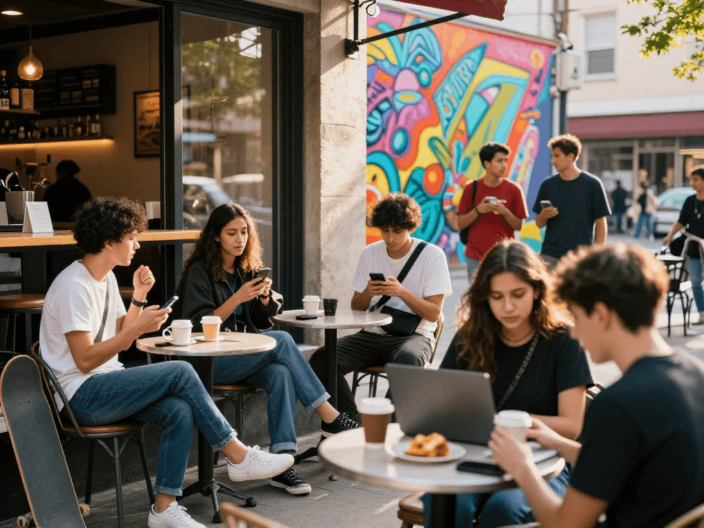 Friends enjoying time at a café, showcasing rokok88 lifestyle and urban culture