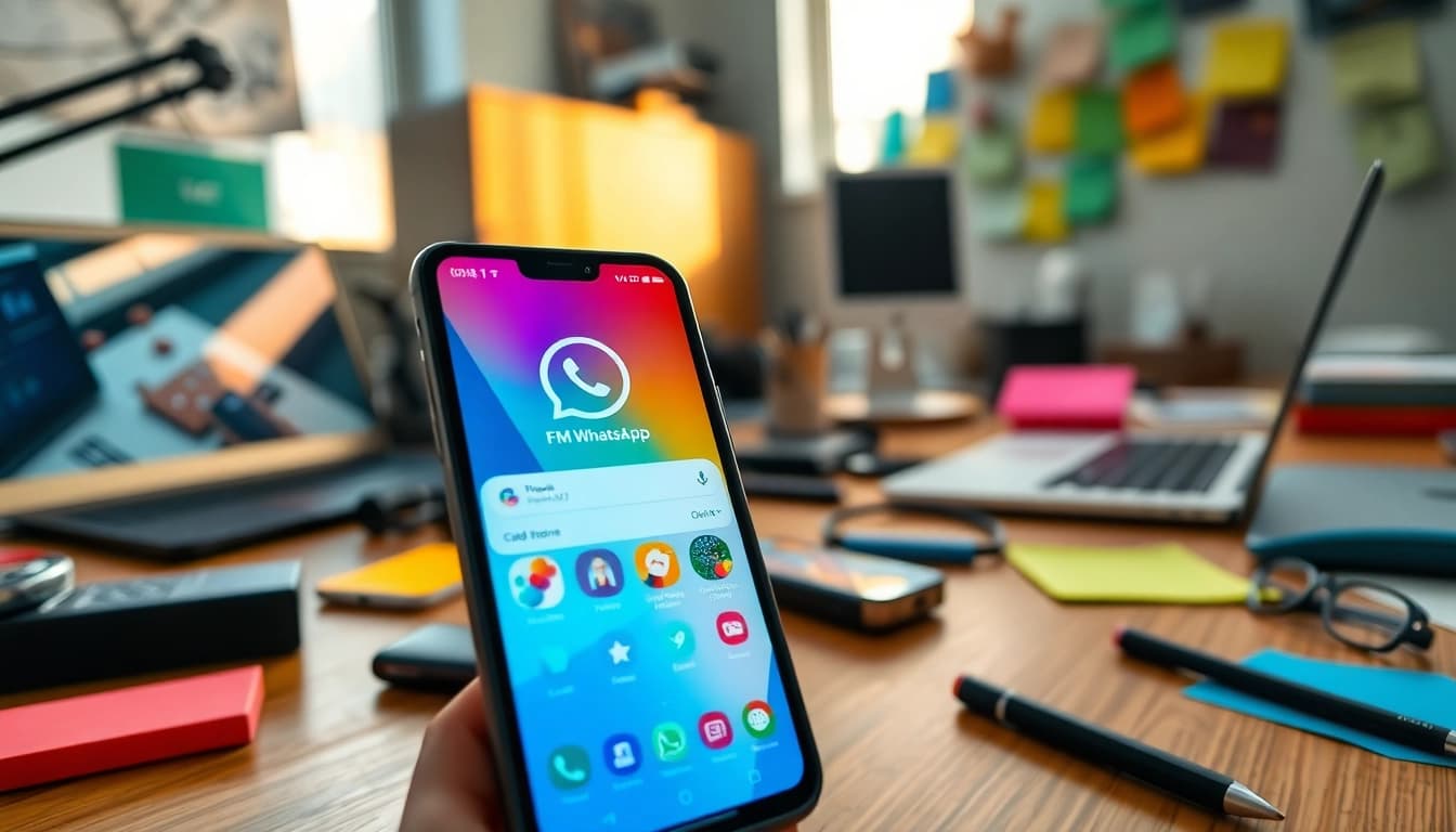 FM WhatsApp download displayed on a smartphone in a creative workspace, emphasizing vibrant themes and customization.
