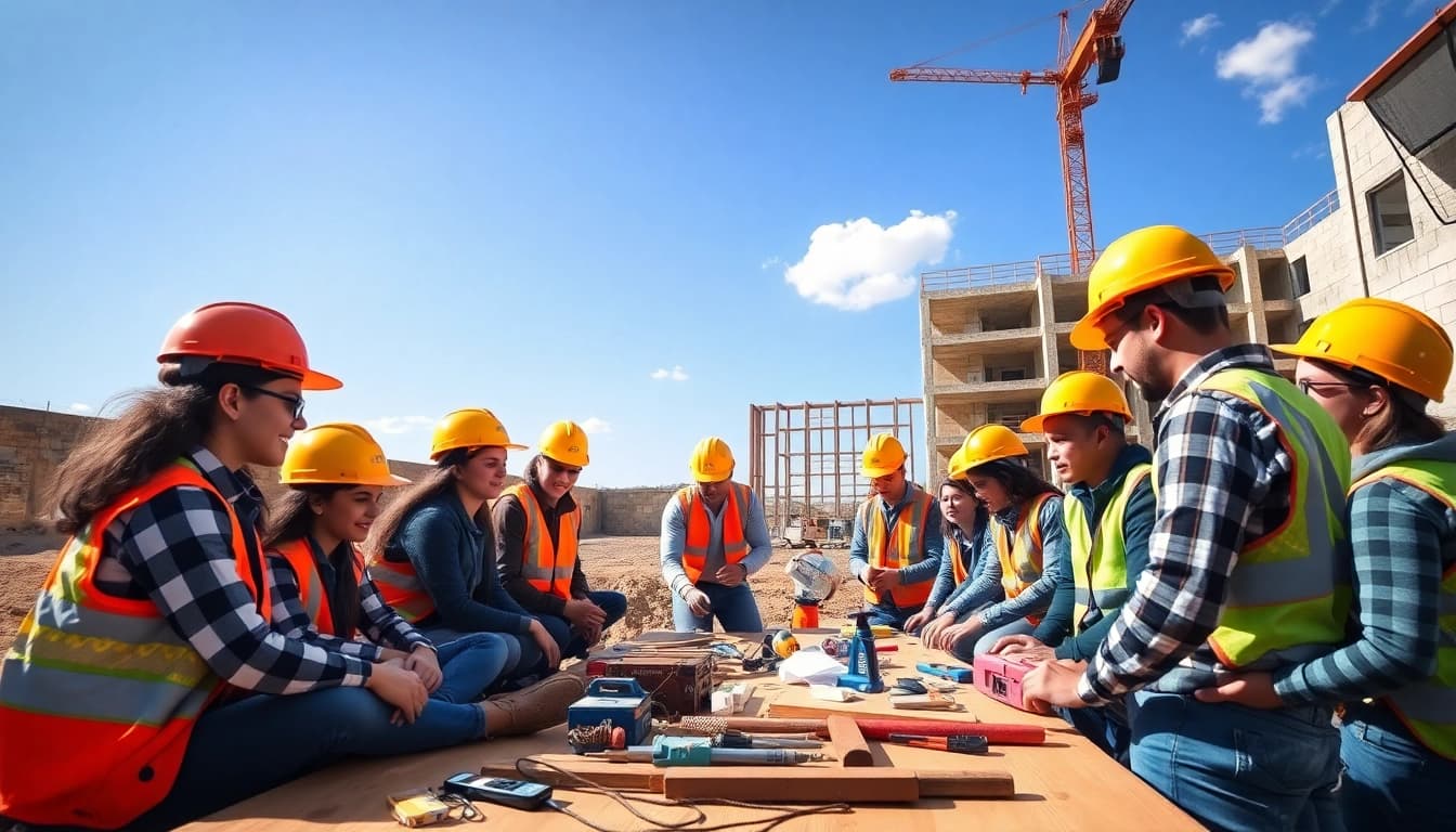 Students engaged in construction education Colorado with tools, emphasizing learning and collaboration.