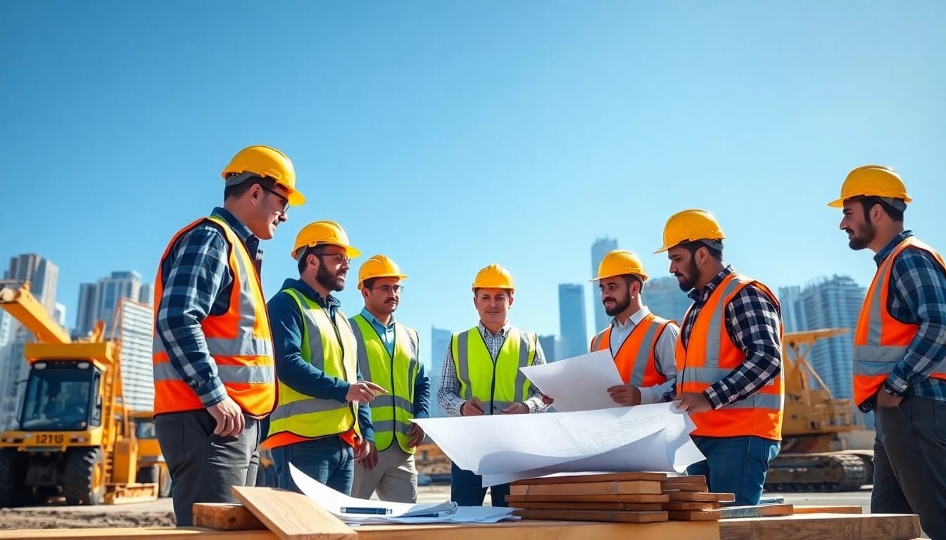 Workers exploring careers in construction at a busy urban job site.