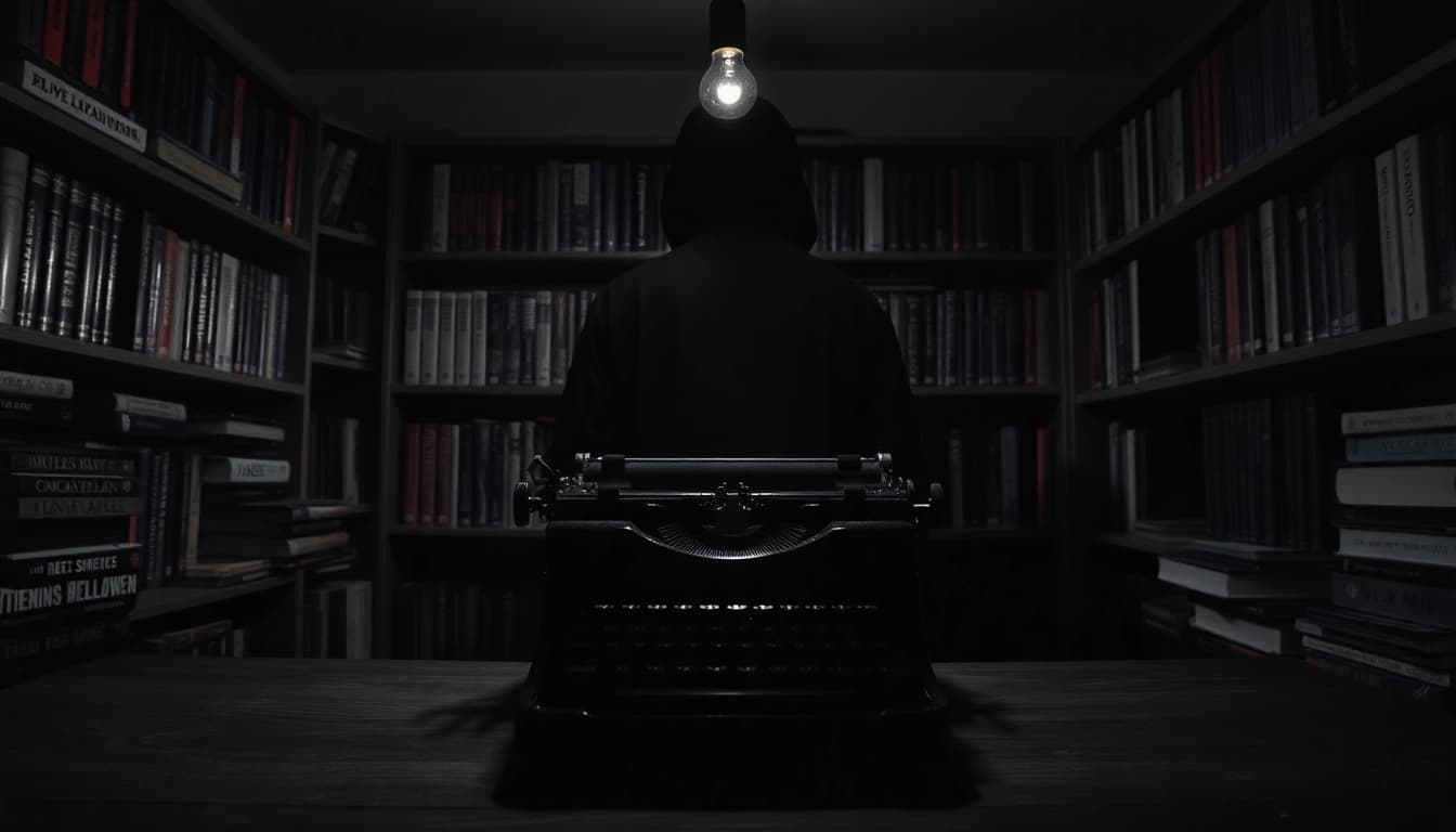 Thriller author surrounded by suspenseful books and a typewriter in a dimly lit room.