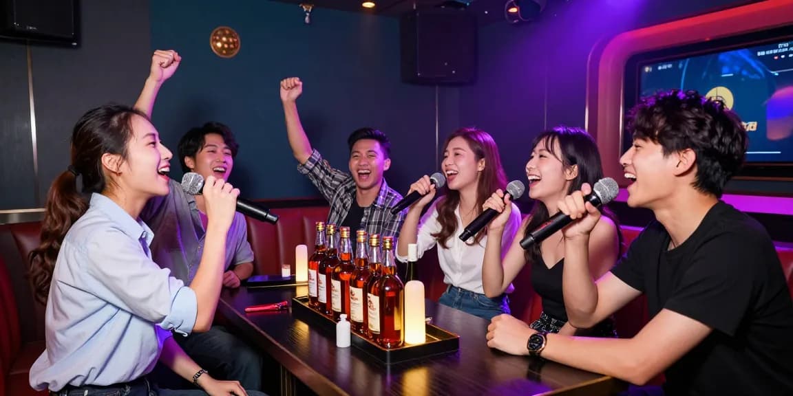 Nightlife at https://www.magic4karaoke.com/ with friends singing karaoke, colorful lights, and whiskey bottles