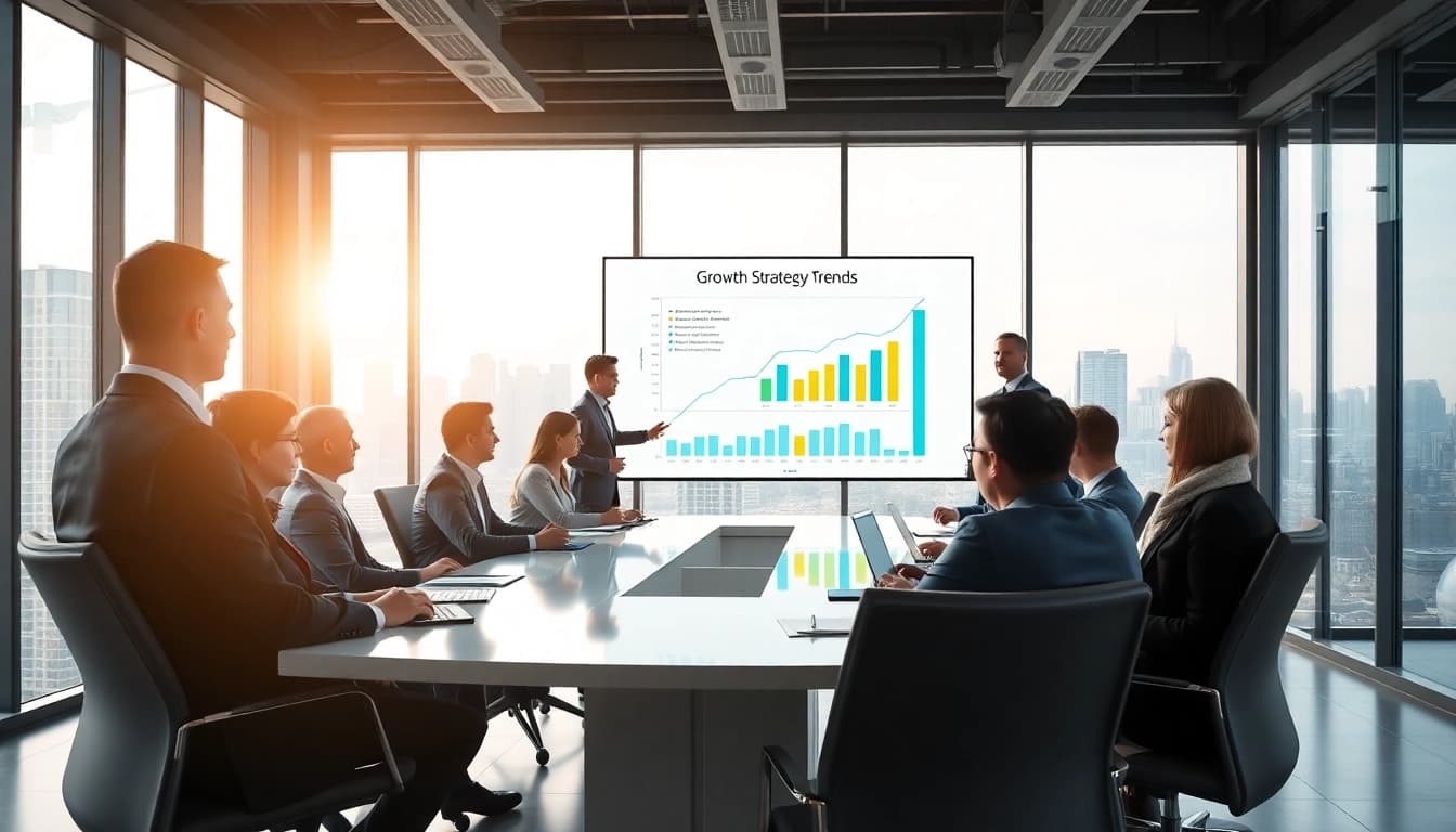 Analyze growth strategy trends with professionals collaborating in a modern office setting.