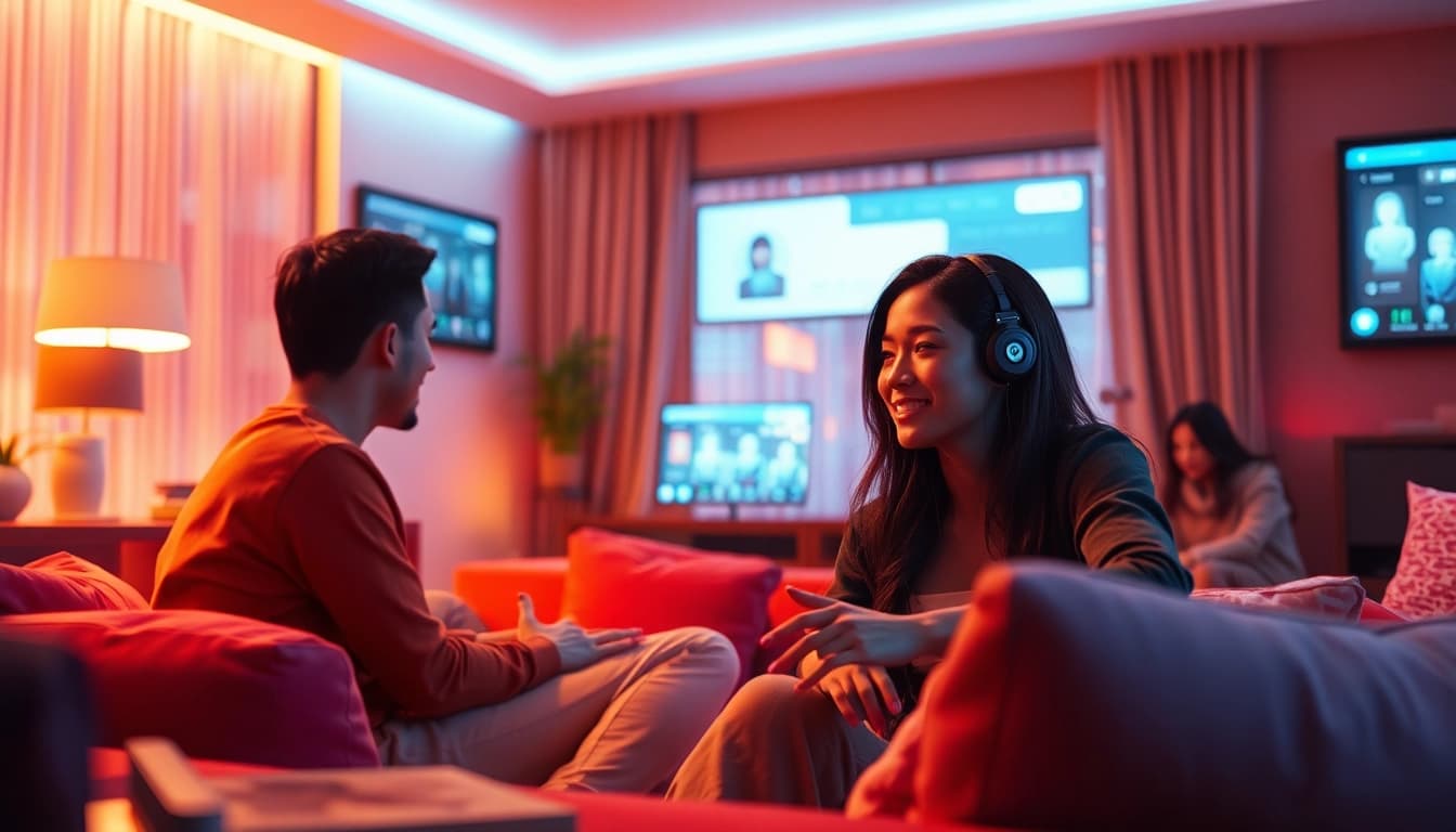 Engaging scene depicting human interaction with an AI partner, emphasizing sex AI in a cozy setting.
