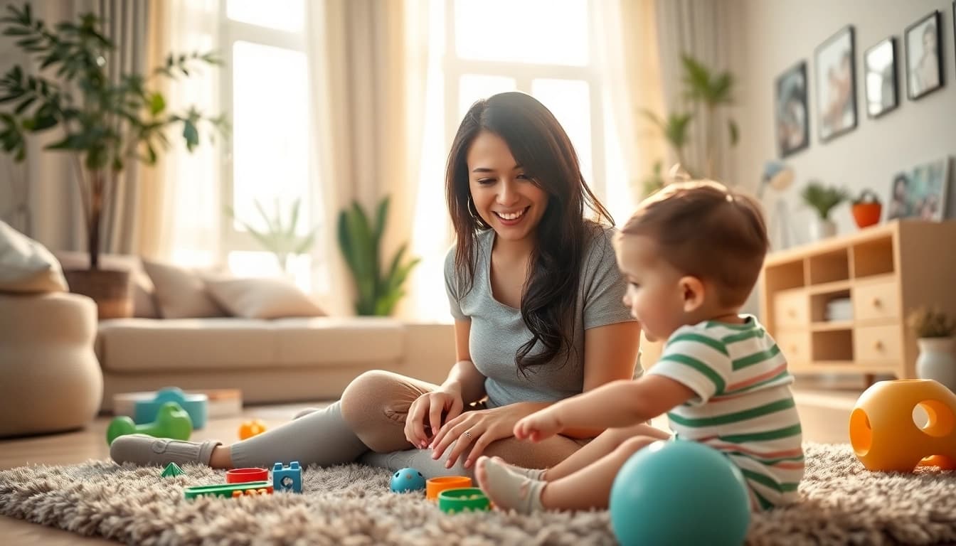 Part-time Nanny Dubai engaging with a child in a bright, cozy living space, creating a warm atmosphere.
