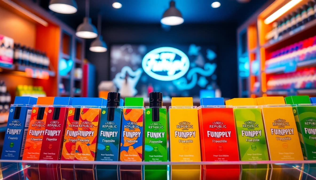 Showcase of Funky Republic vape flavors in a vibrant vape shop, enticing viewers.