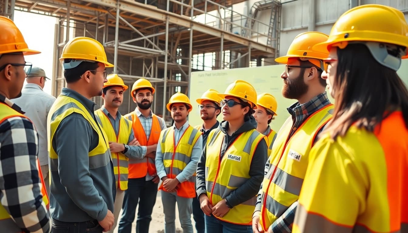 Engaged construction safety training session highlighting safety practices for workers.