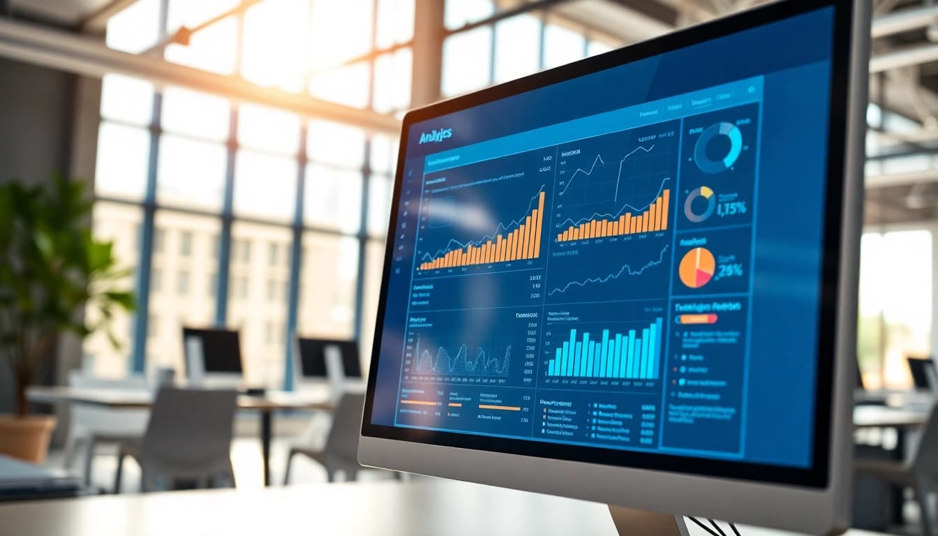 Display of AI for competitive intelligence analytics dashboard in a modern office.