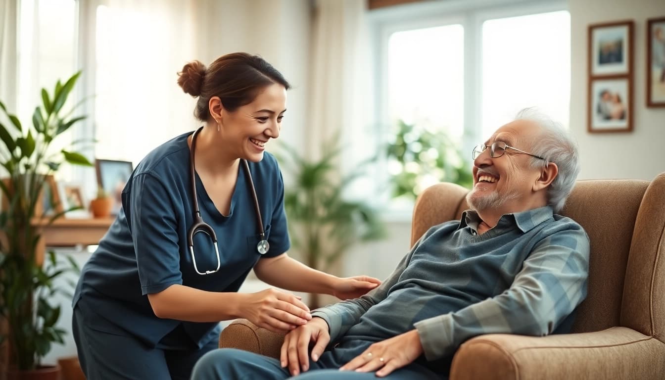 Senior care austin tx with a caregiver supporting a happy senior in a cozy home environment.