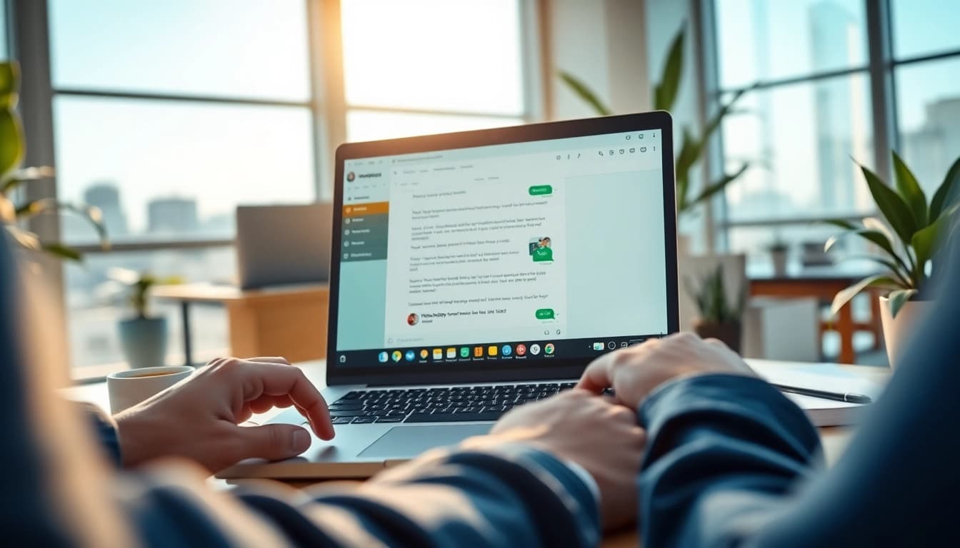 在现代办公室的笔记本电脑上使用 WhatsApp Web 进行互动。