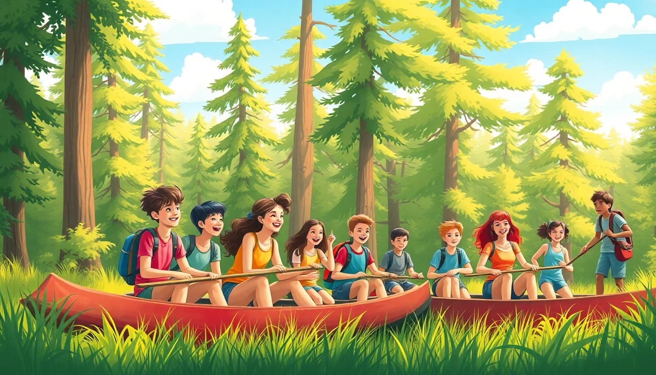 Engaged teenagers enjoying a joyful teen summer camp in nature, highlighting adventure and friendship.