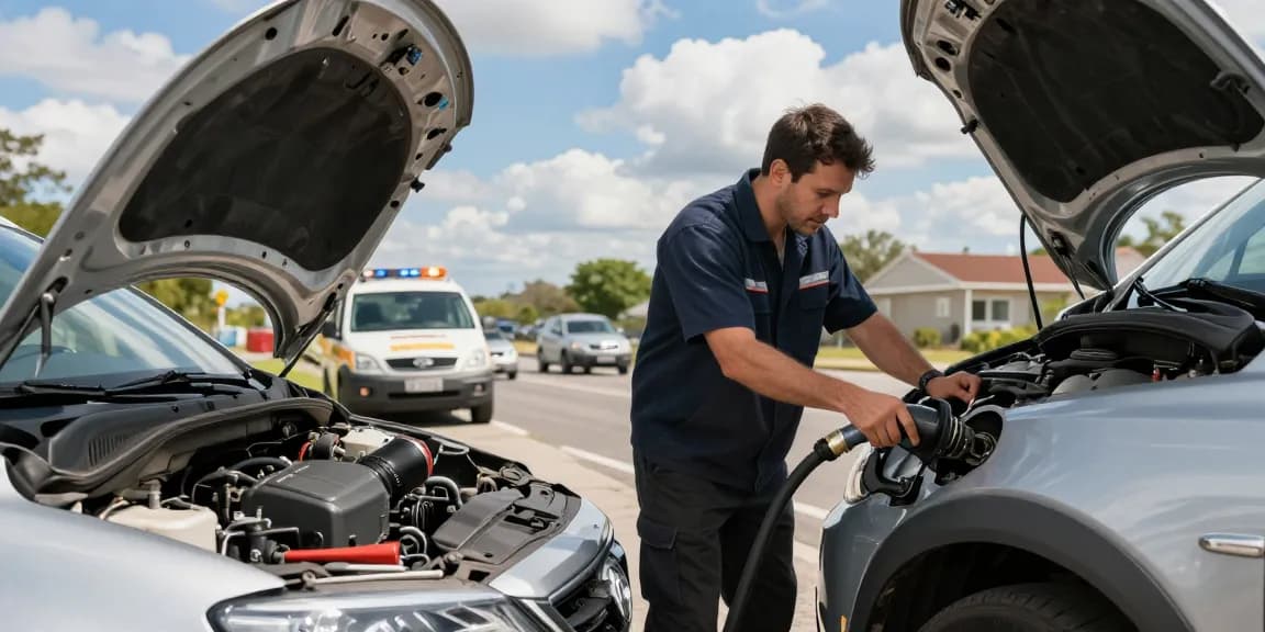 Technician addressing diesel in petrol car issue at roadside.