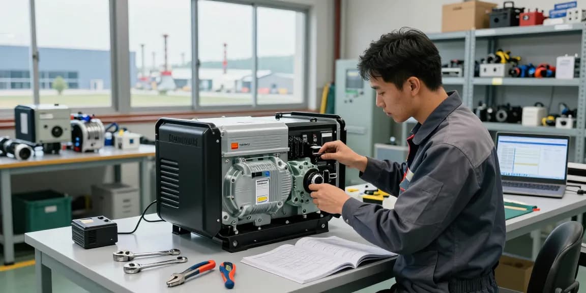 Technician assembling PowerLink diesel generator in modern workshop with tools and safety gear.