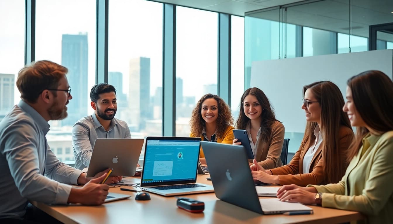 Illustration of diverse professionals engaging with enterprise search solutions in a bright office setting.