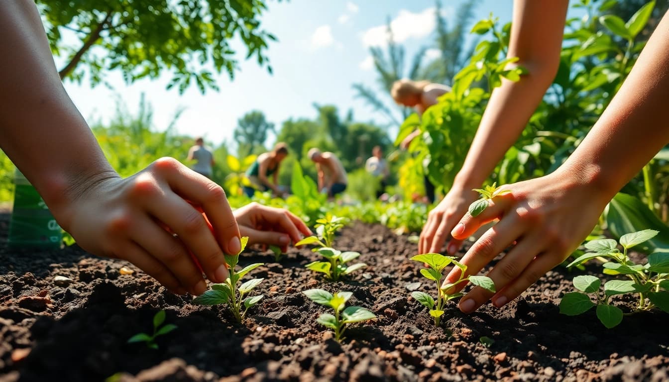 People gardening at a vibrant community garden by https://www.unsustainablemagazine.com, showcasing sustainability efforts.