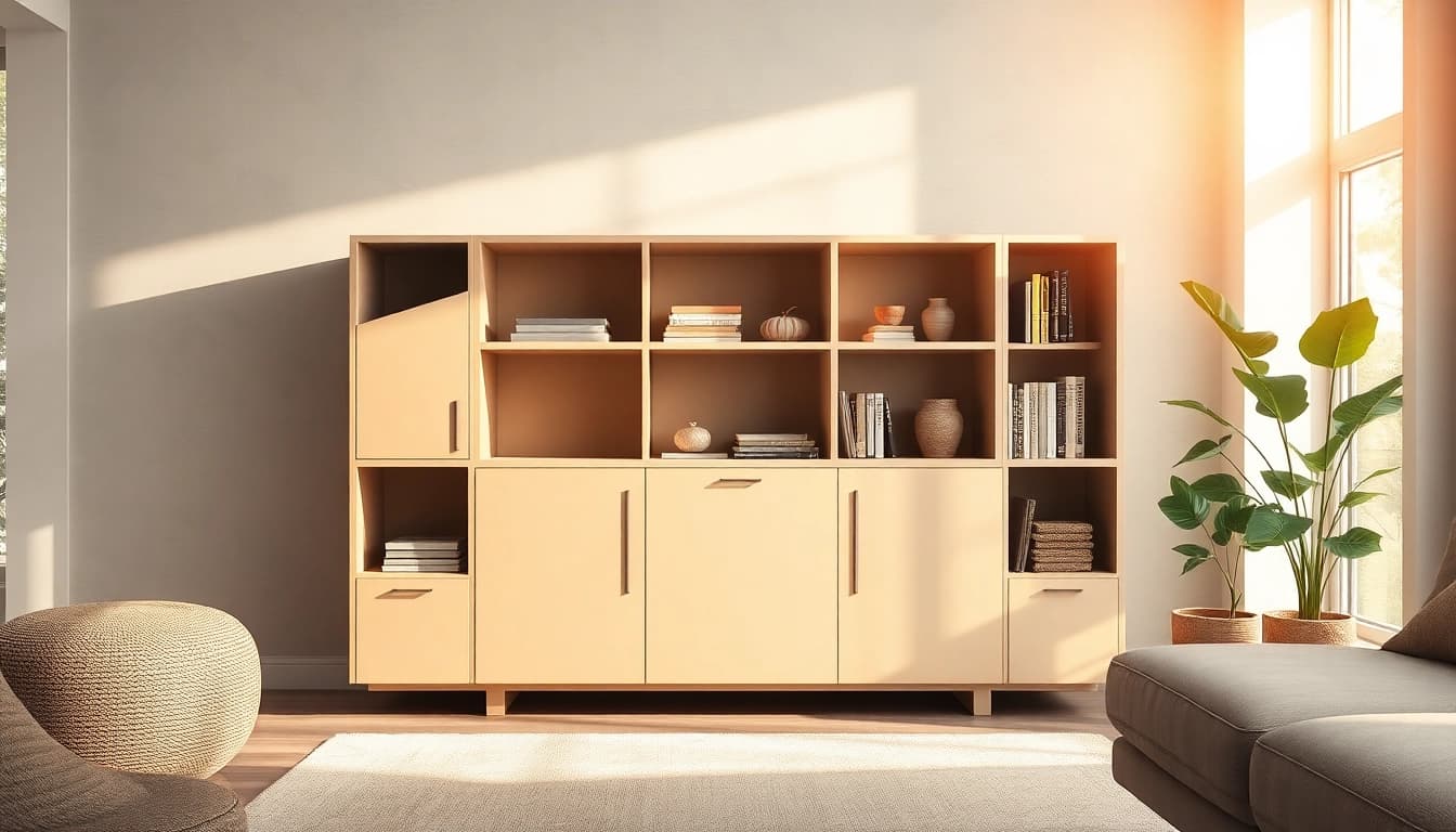 Organize your space with a stylish storage cabinet showcasing decorative items.